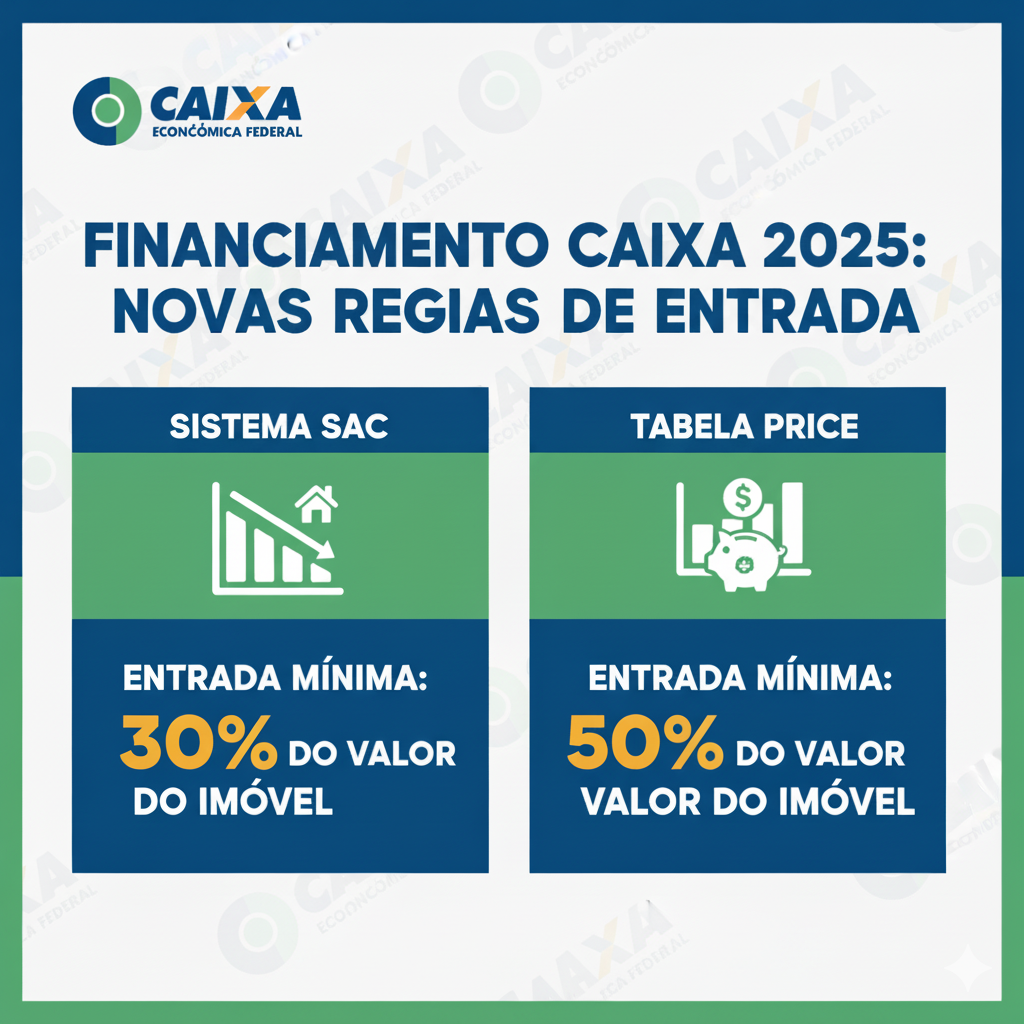 Infográfico sobre Financiamento Caixa Econômica Federal 2025: novas regras de entrada para o Sistema SAC (30% de entrada mínima) e Tabela PRICE (50% de entrada mínima) para o valor do imóvel.