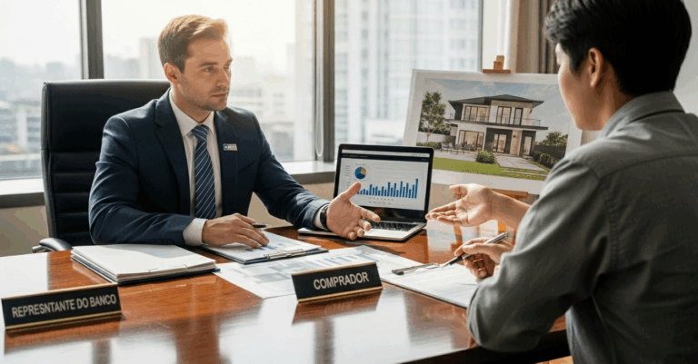Reunião de negócios entre um representante de banco e um comprador, discutindo financiamento de imóveis com a imagem de uma casa e gráficos de dados em um laptop.