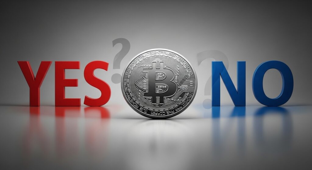 Moeda física de Bitcoin (BTC) em prata com as letras "YES" em vermelho à esquerda e "NO" em azul à direita, simbolizando o dilema entre investir ou não na criptomoeda.