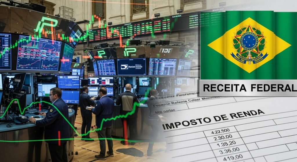 Erro comum de iniciantes na bolsa de valores: a negligência do Imposto de Renda e Receita Federal. Imagem sobreposta de pregão da bolsa de valores e formulário de declaração de IR com a bandeira do Brasil.