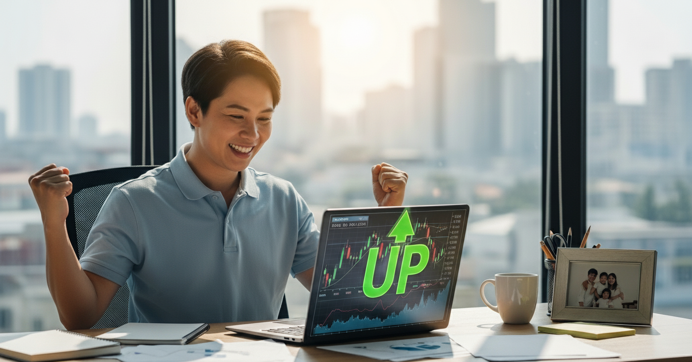 Pessoa comemora, com o punho cerrado, um bom investimento ao ver um gráfico de crescimento e a palavra "UP" em verde na tela do seu notebook, com um horizonte urbano ao fundo.