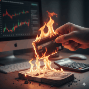 Cartão de crédito é um empréstimo muito caro. Imagem de cartão pegando fogo para ilustrar o risco financeiro.