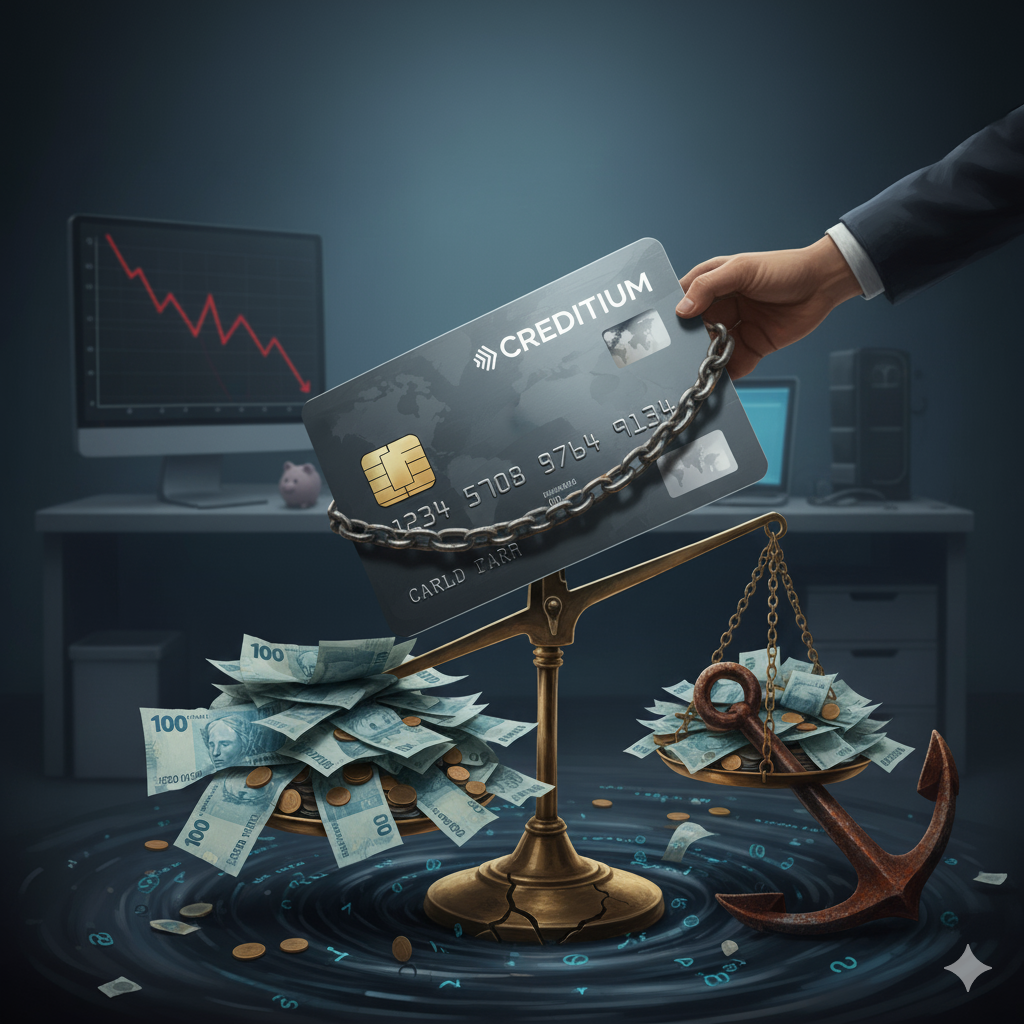 Mão acorrentando um cartão de crédito a uma balança, com dinheiro e uma âncora. A imagem simboliza o peso da dívida e como o cartão de crédito é um empréstimo que pode afundar as finanças