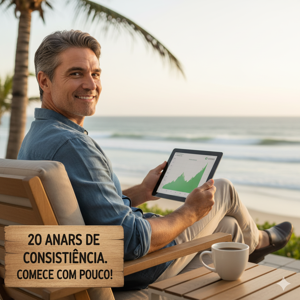 Investidor jovem, com expressão de satisfação, usando um tablet para monitorar seus investimentos em um gráfico de alta. A imagem simboliza o sucesso de quem começa a investir com o valor mínimo para investir, mostrando o resultado de 20 anos de consistência e juros compostos