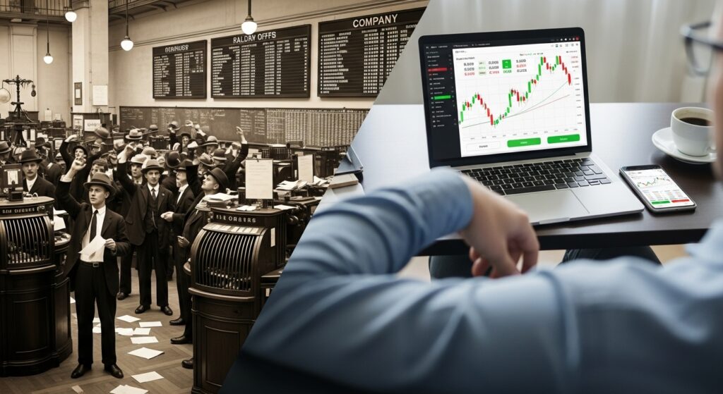 magem de contraste que ilustra a evolução do investimento em ações: à esquerda, o antigo pregão da bolsa de valores com corretores gesticulando; à direita, um investidor moderno operando ações pelo notebook.