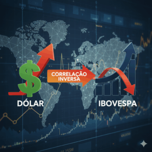 Gráfico ilustrando a Correlação Dólar Ibovespa com setas inversas, mostrando que quando o Dólar sobe, o Ibovespa geralmente cai, e vice-versa.
