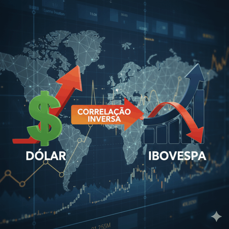 Gráfico ilustrando a Correlação Dólar Ibovespa com setas inversas, mostrando que quando o Dólar sobe, o Ibovespa geralmente cai, e vice-versa.