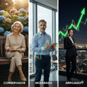 Uma imagem que mostre três pessoas com expressões e cenários distintos, simbolizando os perfis Conservador, Moderado e Arrojado. O Conservador pode estar em um jardim tranquilo, o Moderado em um ambiente urbano com um gráfico sutil ao fundo, e o Arrojado em um arranha-céu com a cidade agitada abaixo.