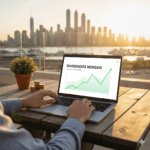 Pessoa usando notebook com gráfico de crescimento e texto "Dividendos Mensais", simbolizando renda passiva e sucesso financeiro.