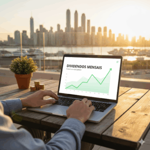 Pessoa usando notebook com gráfico de crescimento e texto "Dividendos Mensais", simbolizando renda passiva e sucesso financeiro.