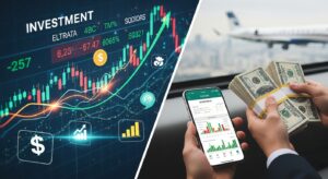 Gráfico de investimentos em alta com setas e números verdes, simbolizando crescimento financeiro, ao lado de mãos segurando maços de dinheiro e um smartphone exibindo um aplicativo de investimentos, com um avião ao fundo