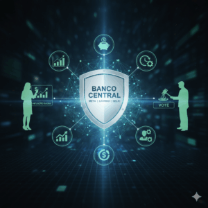 Representação visual digital do papel do Banco Central (BC), com um escudo centralizado contendo o texto 'BANCO CENTRAL | META | CÂMBIO | SELIC'. O escudo está conectado por linhas de dados a seis ícones que representam as funções do BC e a influência política: 1) Gráfico de barras ascendente com texto 'INFLAÇÃO BAIXA' ao lado de uma silhueta feminina; 2) Relógio/Engrenagens (eficiência/tempo); 3) Silhueta masculina votando com um martelo (VOTE), representando a aprovação de diretores; 4) Silhueta de pessoa com engrenagens (regulação/gestão); 5) Símbolo de dólar dentro de círculo (reservas internacionais/câmbio); 6) Cofrinho de porco (estabilidade financeira/poupança)