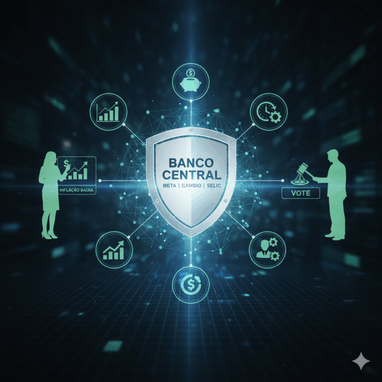 Representação visual digital do papel do Banco Central (BC), com um escudo centralizado contendo o texto 'BANCO CENTRAL | META | CÂMBIO | SELIC'. O escudo está conectado por linhas de dados a seis ícones que representam as funções do BC e a influência política: 1) Gráfico de barras ascendente com texto 'INFLAÇÃO BAIXA' ao lado de uma silhueta feminina; 2) Relógio/Engrenagens (eficiência/tempo); 3) Silhueta masculina votando com um martelo (VOTE), representando a aprovação de diretores; 4) Silhueta de pessoa com engrenagens (regulação/gestão); 5) Símbolo de dólar dentro de círculo (reservas internacionais/câmbio); 6) Cofrinho de porco (estabilidade financeira/poupança)