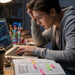 Jovem investidor iniciante estressado olhando gráfico de ações no notebook, cometendo erros de iniciantes na bolsa de valores por falta de estudo, com livros de investimento sublinhados e embalagens de lanche na mesa.