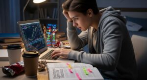 Jovem investidor iniciante estressado olhando gráfico de ações no notebook, cometendo erros de iniciantes na bolsa de valores por falta de estudo, com livros de investimento sublinhados e embalagens de lanche na mesa.