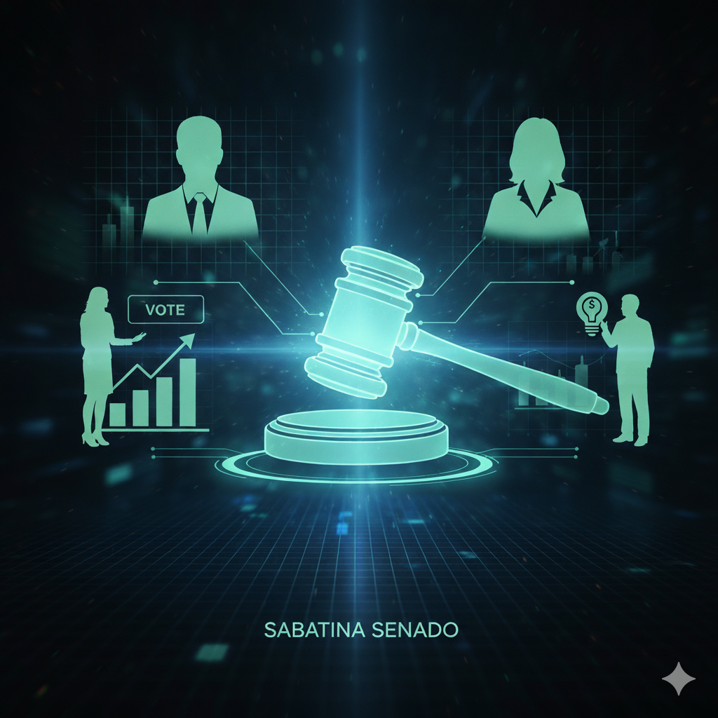Representação visual digital da sabatina de diretores para o Banco Central. No centro, um martelo de juiz em neon, simbolizando votação e decisões. Acima, duas silhuetas de pessoas (um homem e uma mulher) com linhas conectando-as, representando candidatos ou senadores. À esquerda, uma silhueta feminina com um gráfico de barras e a palavra 'VOTE', e à direita, uma silhueta masculina com uma lâmpada e um cifrão, simbolizando ideias e economia. Na parte inferior, o texto 'SABATINA SENADO' em neon