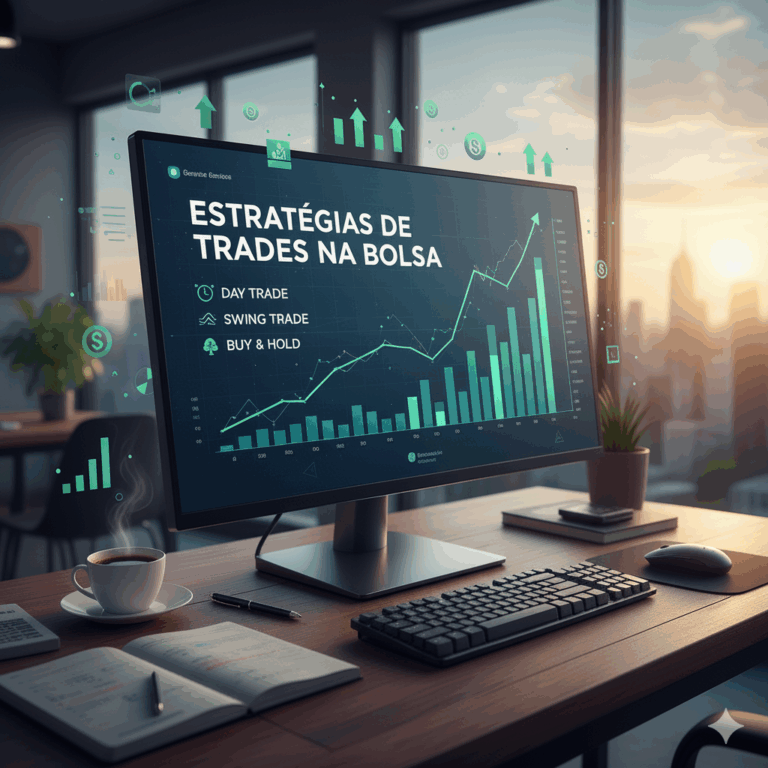 Um monitor exibe um gráfico financeiro verde vibrante, com o título "ESTRATÉGIAS DE TRADES NA BOLSA" e as opções "DAY TRADE", "SWING TRADE" e "BUY & HOLD". O monitor está em uma mesa de escritório moderna, com uma xícara de café, um teclado, um mouse e um notebook aberto. O ambiente é iluminado pela luz do sol ao entardecer, que entra por uma grande janela com vista para uma cidade