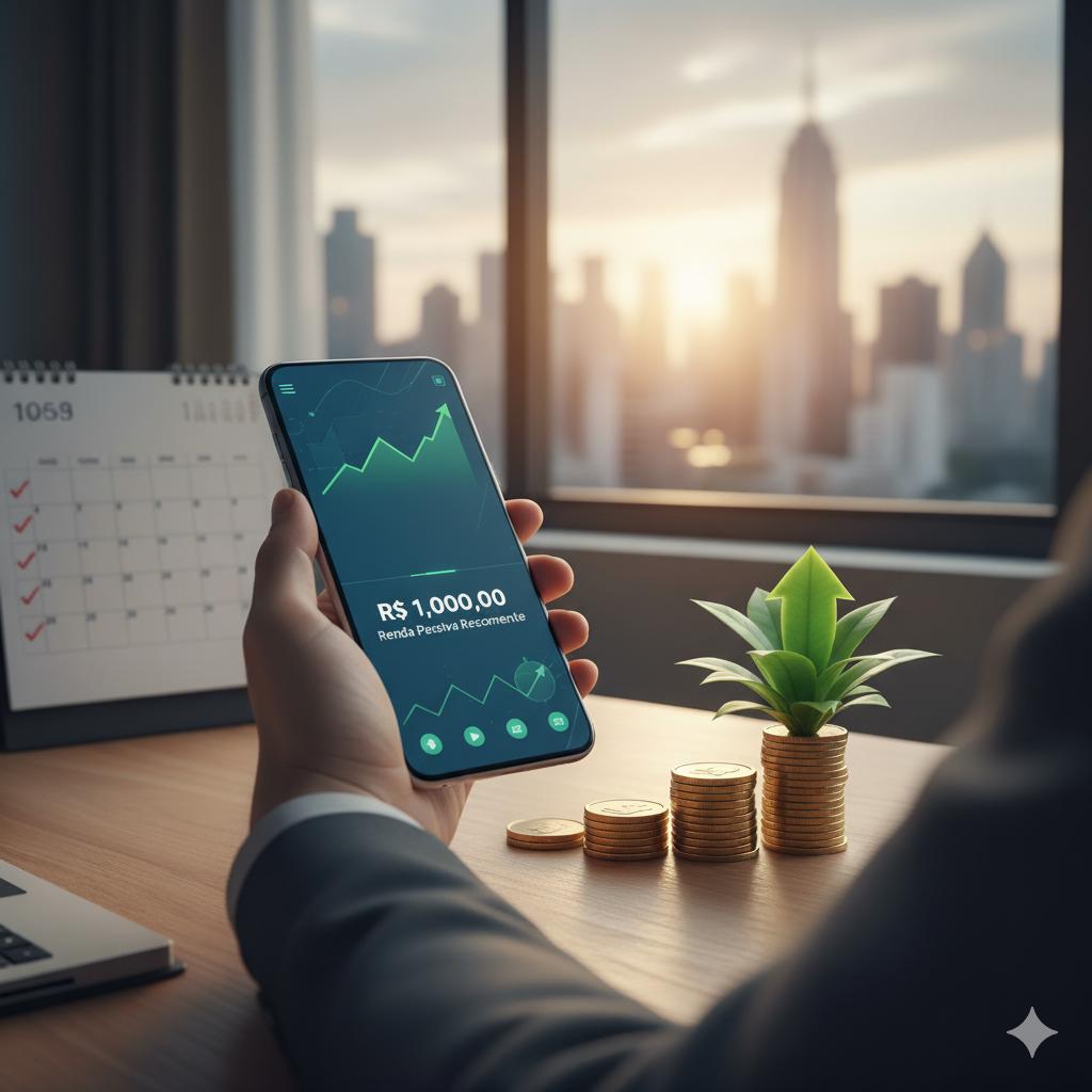 Mão segurando smartphone com aplicativo financeiro e gráfico de alta, simbolizando R$ 1.000 de renda passiva recorrente. Ao lado, pilhas de moedas e planta em crescimento sobre mesa de escritório com vista para cidade. Ideal para artigos sobre dividendos e FIIs.