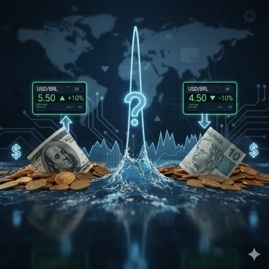 Um dólar e uma nota de 10 reais emergindo de um gráfico de ondas, simbolizando a volatilidade cambial, com moedas de ouro e indicadores de alta e baixa do câmbio USD/BRL e um ponto de interrogação central, sobre um mapa mundial.