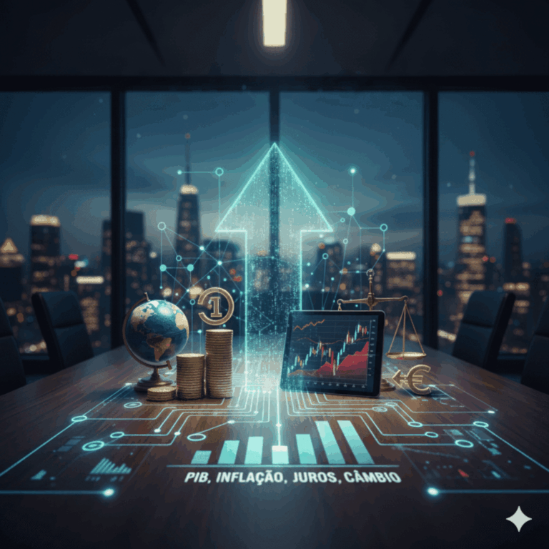 Ilustração dos Fatores Macroeconômicos que Afetam as Ações, mostrando um gráfico de alta, balança de justiça, lupa sobre o globo e indicadores de PIB e juros