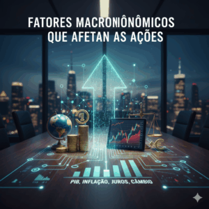 Ilustração dos Fatores Macroeconômicos que Afetam as Ações, mostrando um gráfico de alta, balança de justiça, lupa sobre o globo e indicadores de PIB e juros
