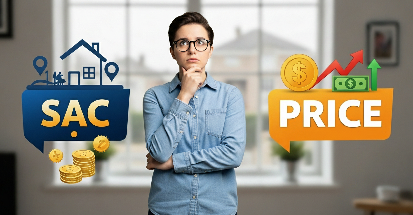 Dilema financeiro: pessoa escolhendo entre o sistema de amortização SAC (Sistema de Amortização Constante) e PRICE para financiamento imobiliário.