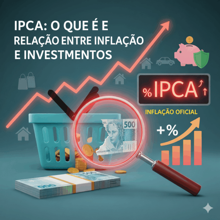 Ilustração sobre IPCA e inflação, com carrinho de compras, lupa destacando cédula de 500 reais, pilha de dinheiro, gráfico de barras em alta e texto: ‘IPCA: O que é e sua relação com a inflação e investimentos’. Representa o impacto do IPCA e da inflação na economia e nos investimentos.