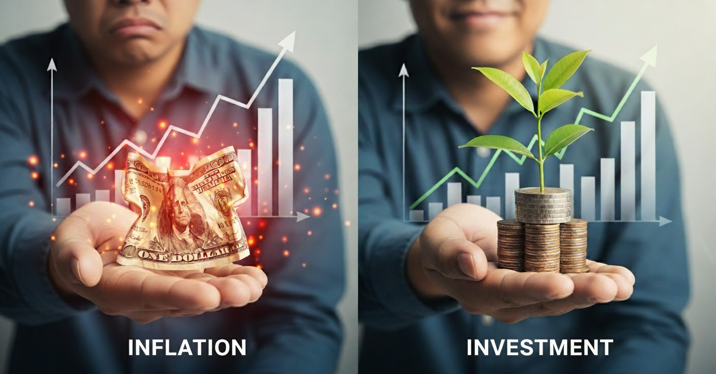Imagem de contraste, comparando a perda de poder de compra pela inflação e o crescimento do capital através de investimento.