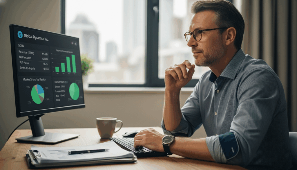 Investidor Buy and Hold analisando gráficos fundamentalistas de crescimento de lucros e patrimônio líquido de uma empresa no computador.