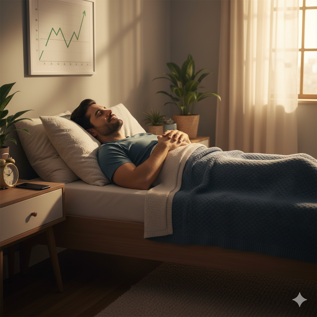 Uma pessoa dormindo tranquilamente em um quarto aconchegante, com elementos sutis que remetem a finanças (talvez um gráfico discreto ao fundo, ou um celular em repouso ao lado da cama, sem notificações).