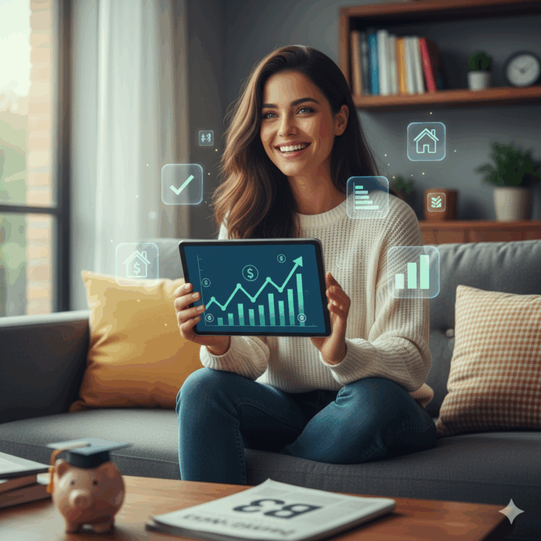 Investidora iniciante feliz no sofá, segurando tablet com gráfico crescente, simbolizando o sucesso e aprendizado sobre o que é Renda Variável.
