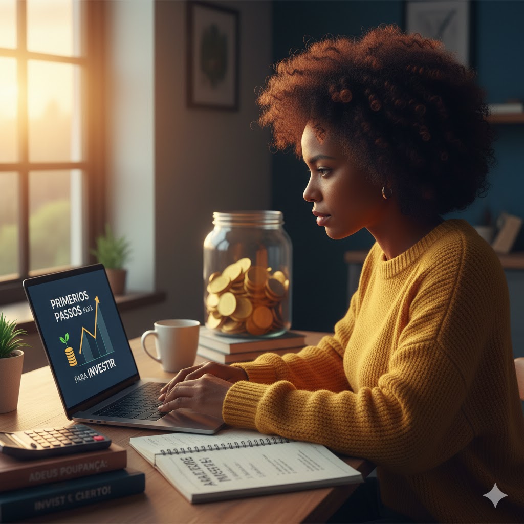 Mulher afrodescendente concentrada, usando um laptop em uma mesa bem iluminada. A tela exibe o título "Primeiros Passos para Investir" com um gráfico de crescimento ascendente. Um pote de vidro cheio de moedas de ouro está sobre livros, simbolizando economia e o início de investimentos.
