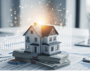 Apresenta uma maquete de casa em cima de pilhas de dinheiro, com um gráfico de barras e linhas crescentes ao fundo, simbolizando investimento imobiliário e valorização.