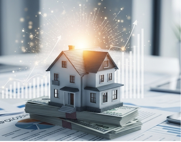 Apresenta uma maquete de casa em cima de pilhas de dinheiro, com um gráfico de barras e linhas crescentes ao fundo, simbolizando investimento imobiliário e valorização.