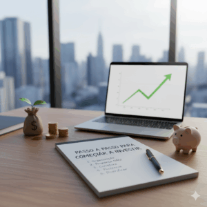 Mesa de escritório com notebook exibindo gráfico de crescimento, cofrinho de porco, pilhas de moedas e um caderno com anotações sobre 'Passo a Passo para Começar a Investir'. Ilustra a organização financeira e o início de investimentos