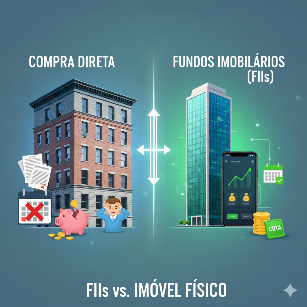 Comparativo Imóvel Físico vs. Fundos Imobiliários (FIIs): vantagens e desvantagens de cada investimento.