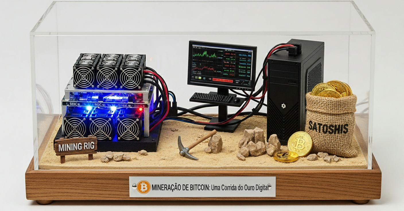 Ilustração de mineração de Bitcoin (Bitcoin Mining Rig), mostrando hardware, monitor e moedas digitais em uma caixa de exposição.
