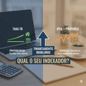 Comparativo visual entre Taxa TR (previsibilidade) e indexadores IPCA e Poupança (variação) para financiamento imobiliário. Escolha do indexador e seu impacto nas parcelas.
