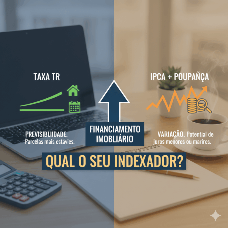 Comparativo visual entre Taxa TR (previsibilidade) e indexadores IPCA e Poupança (variação) para financiamento imobiliário. Escolha do indexador e seu impacto nas parcelas.