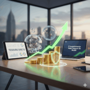 O Que É o Tesouro Direto: Mesa de trabalho com notebook, tablet e celular exibindo o site do Tesouro. No centro, moedas empilhadas e um gráfico de seta verde ascendente, simbolizando a segurança, o crescimento e o investimento mais acessível do Brasil.