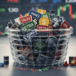 Ilustração de uma cesta de ativos diversificados, incluindo tickers de ações brasileiras (PETR4, VALE3) e internacionais (AAPL), representando o conceito visual de um ETF (Exchange Traded Fund) na bolsa de valores, com diversificação de baixo custo