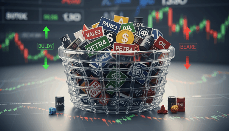 Ilustração de uma cesta de ativos diversificados, incluindo tickers de ações brasileiras (PETR4, VALE3) e internacionais (AAPL), representando o conceito visual de um ETF (Exchange Traded Fund) na bolsa de valores, com diversificação de baixo custo