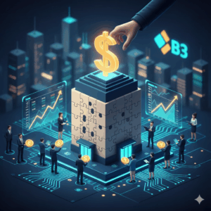 Ilustração conceitual de um mercado financeiro digital: um edifício de quebra-cabeça com um cifrão no topo, cercado por gráficos digitais e executivos em uma placa de circuito. O logotipo B3 está visível.