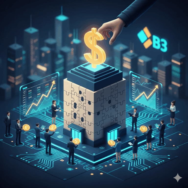 Ilustração conceitual de um mercado financeiro digital: um edifício de quebra-cabeça com um cifrão no topo, cercado por gráficos digitais e executivos em uma placa de circuito. O logotipo B3 está visível.