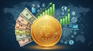 Ilustração de uma moeda dourada com o símbolo do Bitcoin no centro, cercada por gráficos de crescimento, notas de dinheiro e ícones tecnológicos, representando o Bitcoin como moeda digital e seu impacto na economia global.