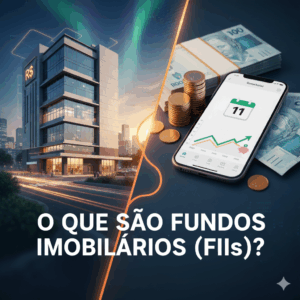 O que são Fundos Imobiliários (FIIs)? Edifício comercial e smartphone com gráfico de investimentos.