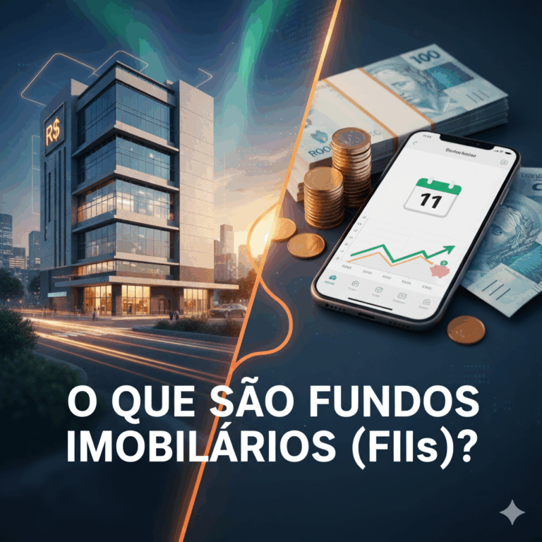 O que são Fundos Imobiliários (FIIs)? Edifício comercial e smartphone com gráfico de investimentos.
