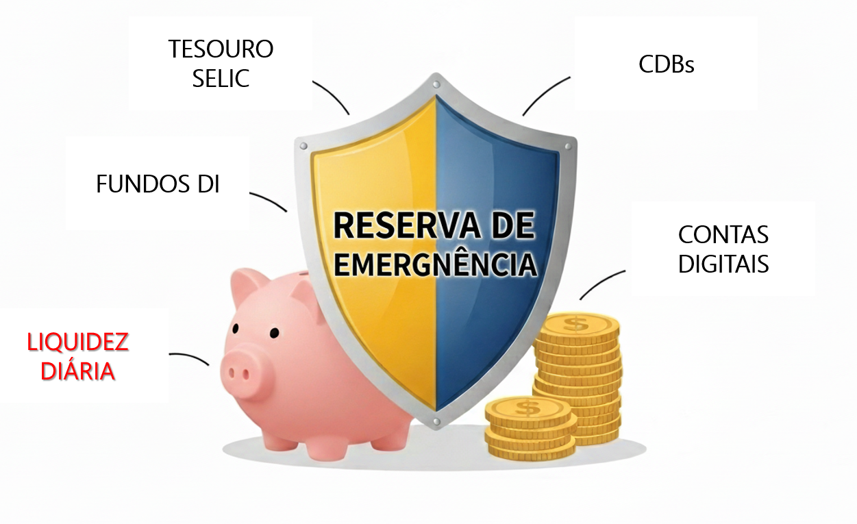 Escudo da reserva de emergência protegendo um cofrinho e moedas, simbolizando segurança e liquidez diária para o fundo de emergência.