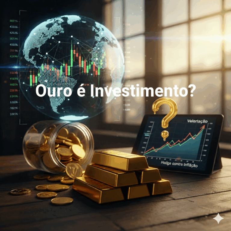 Ouro é investimento - barras de ouro, moedas e gráfico de ações em ambiente financeiro