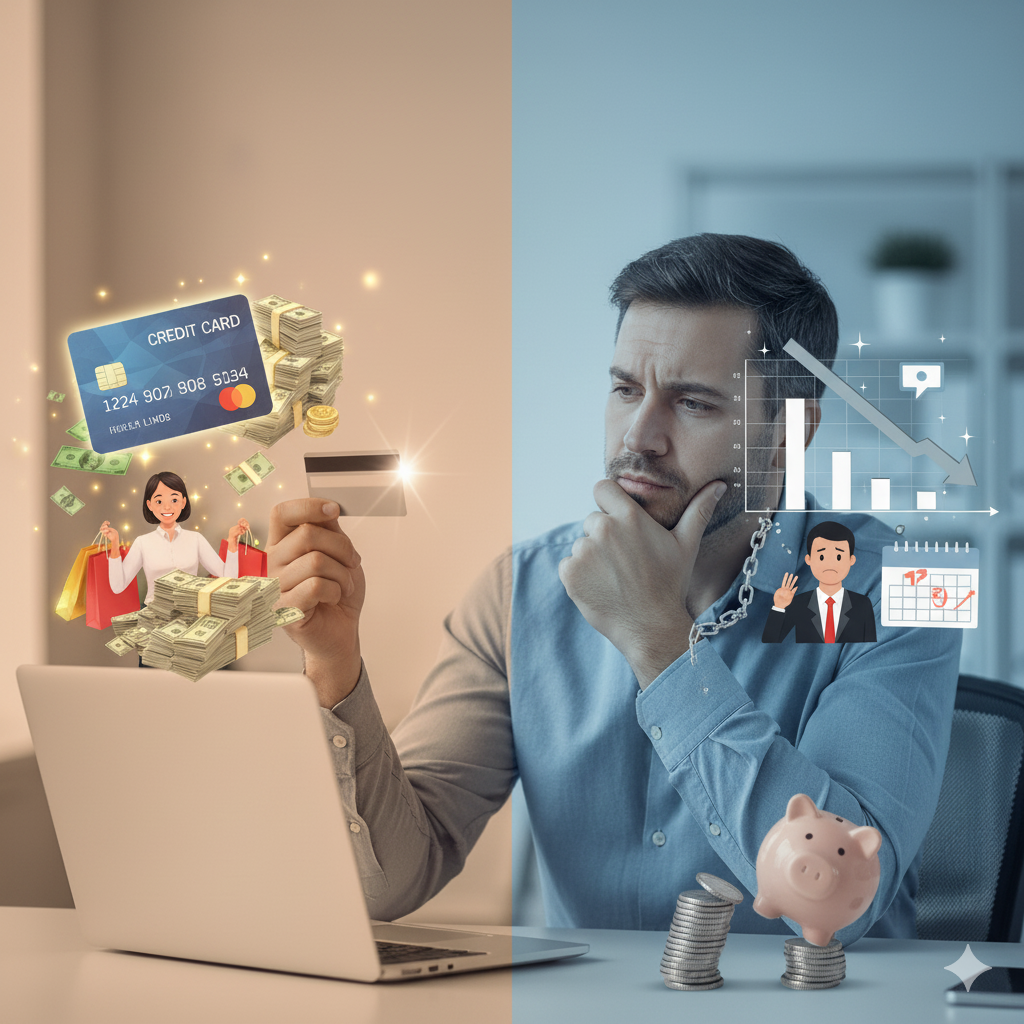 Pessoa pensativa segurando um cartão de crédito, refletindo sobre o aumento de limite. Ilustração de disciplina financeira e a responsabilidade de ter um limite do cartão de crédito maior.